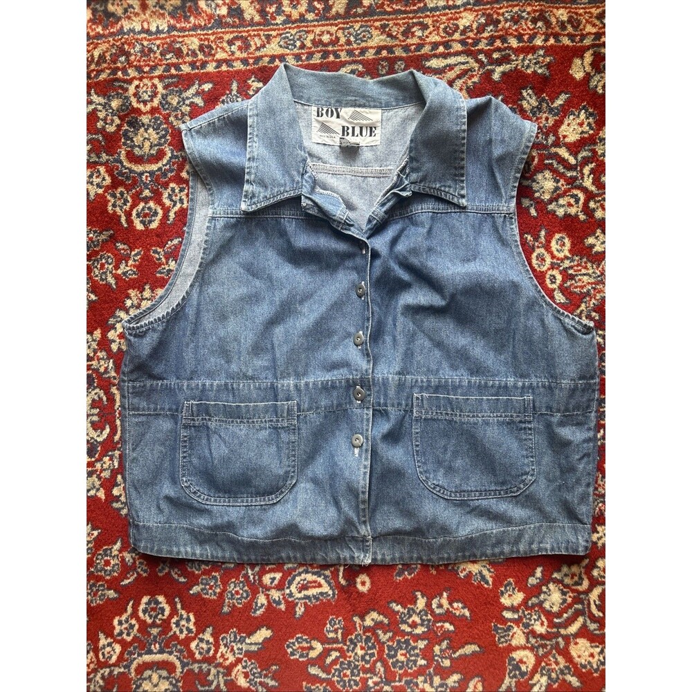 Vintage Denim Vest 80s Cropped Blue Jean Womens Sz XL Grunge Pockets Boy Blue
